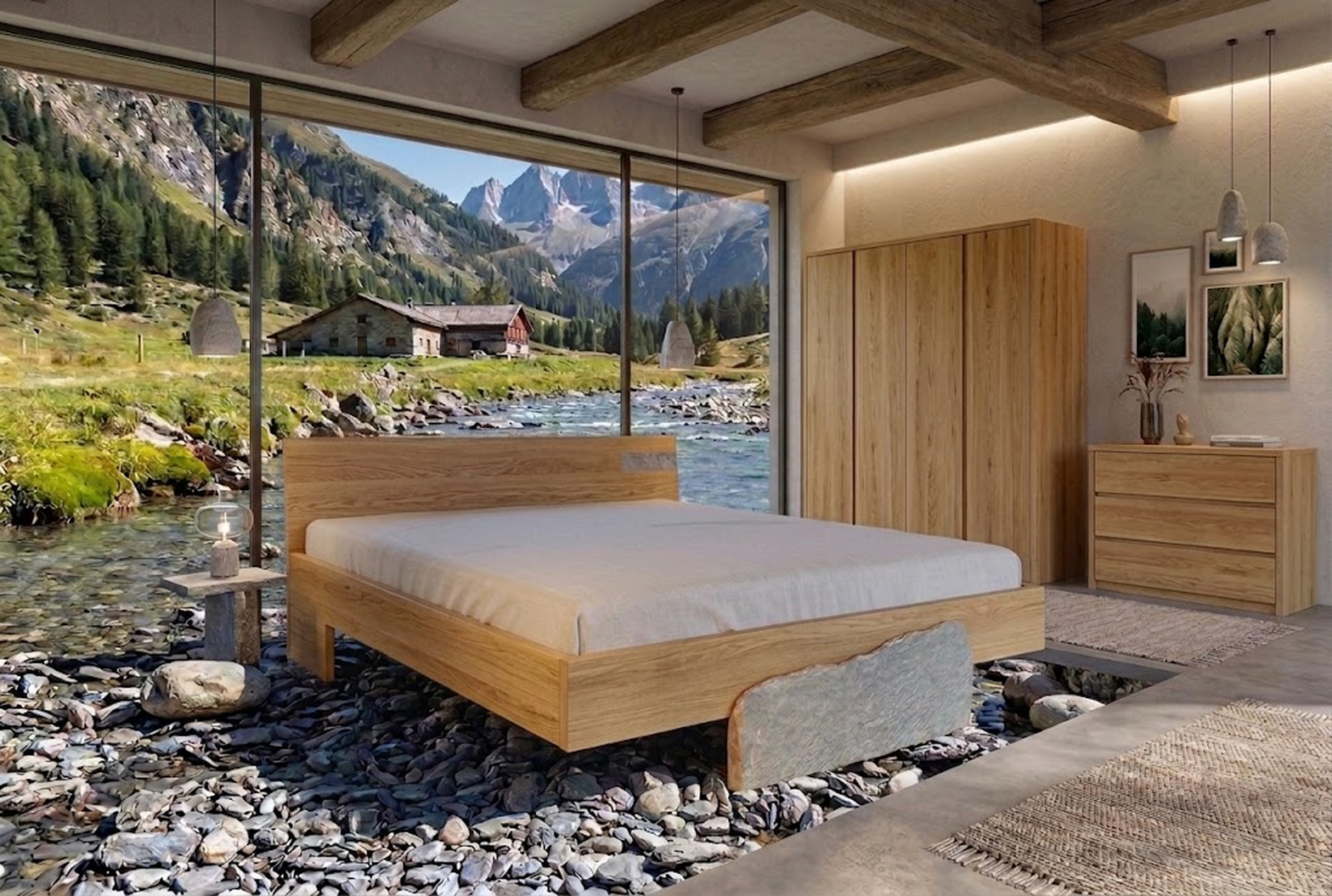 Massivholzbett vor Alpenpanorama, Fluss und natürlichem Schlafzimmer aus Holz