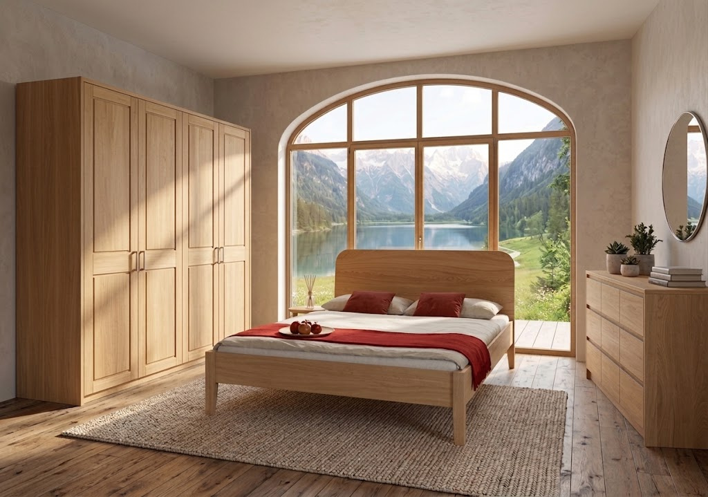 Bettrahmen Jana in hellem Holz, Schlafzimmer mit Alpenblick