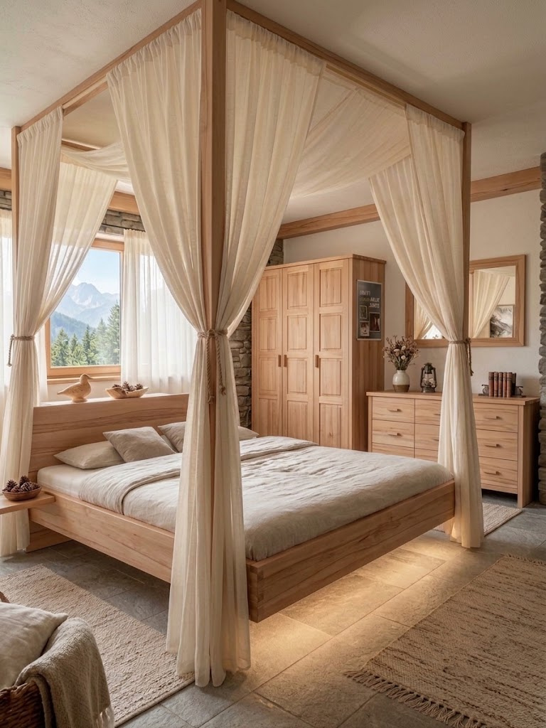 Bettrahmen Viktoria, Schlafzimmer mit Himmelbett und Alpenblick