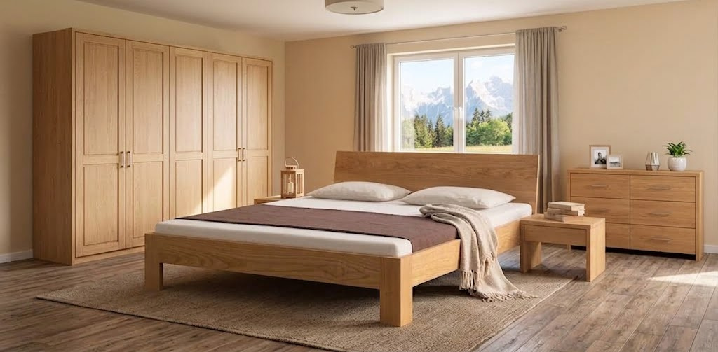 Bettrahmen Marco in Eiche, Schlafzimmer mit Bergblick