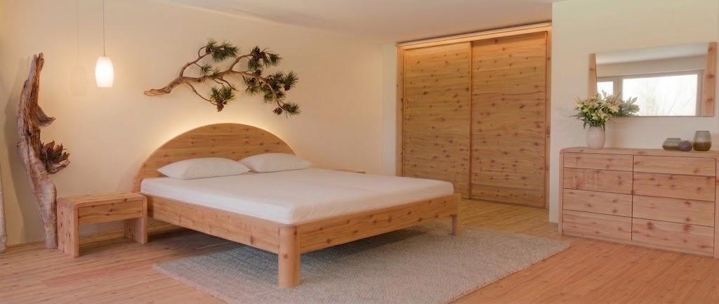 Bettrahmen Bondo in hellem Holz, Schlafzimmer mit rundem Kopfteil